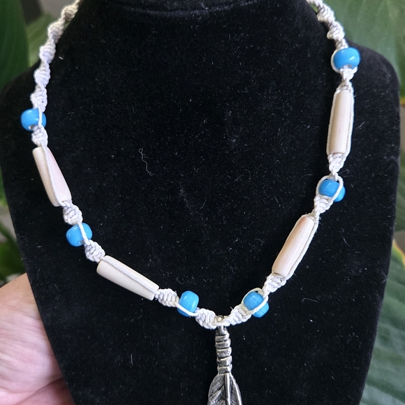 Western Inspired Handmade Necklace – Crow Beads, Bone & Silver Feather Pendant - Picture 4 of 4